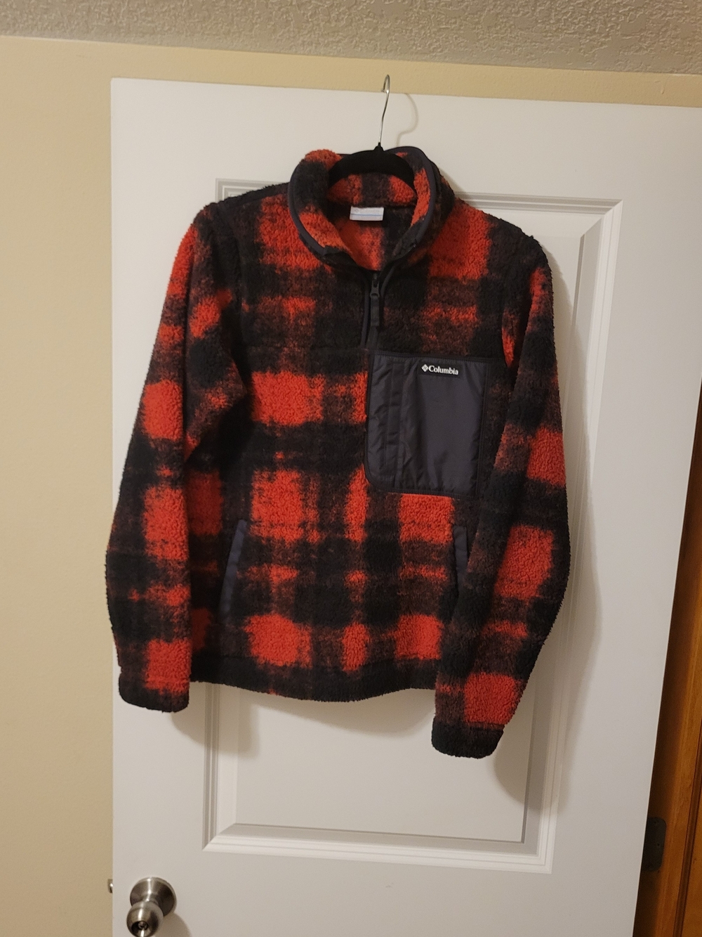 Columbia Red and Black Plaid Sherpa Half-Zip Jacket